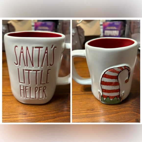 Double sided Rae Dunn Santa’s Little Helper Elf mug. Red interior asymmetrical - Picture 1 of 8